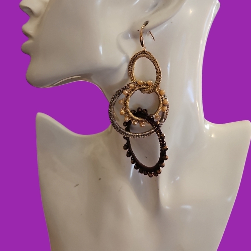 Elegant Interlocking Circle Hoops Macrame Crystal… - image 1